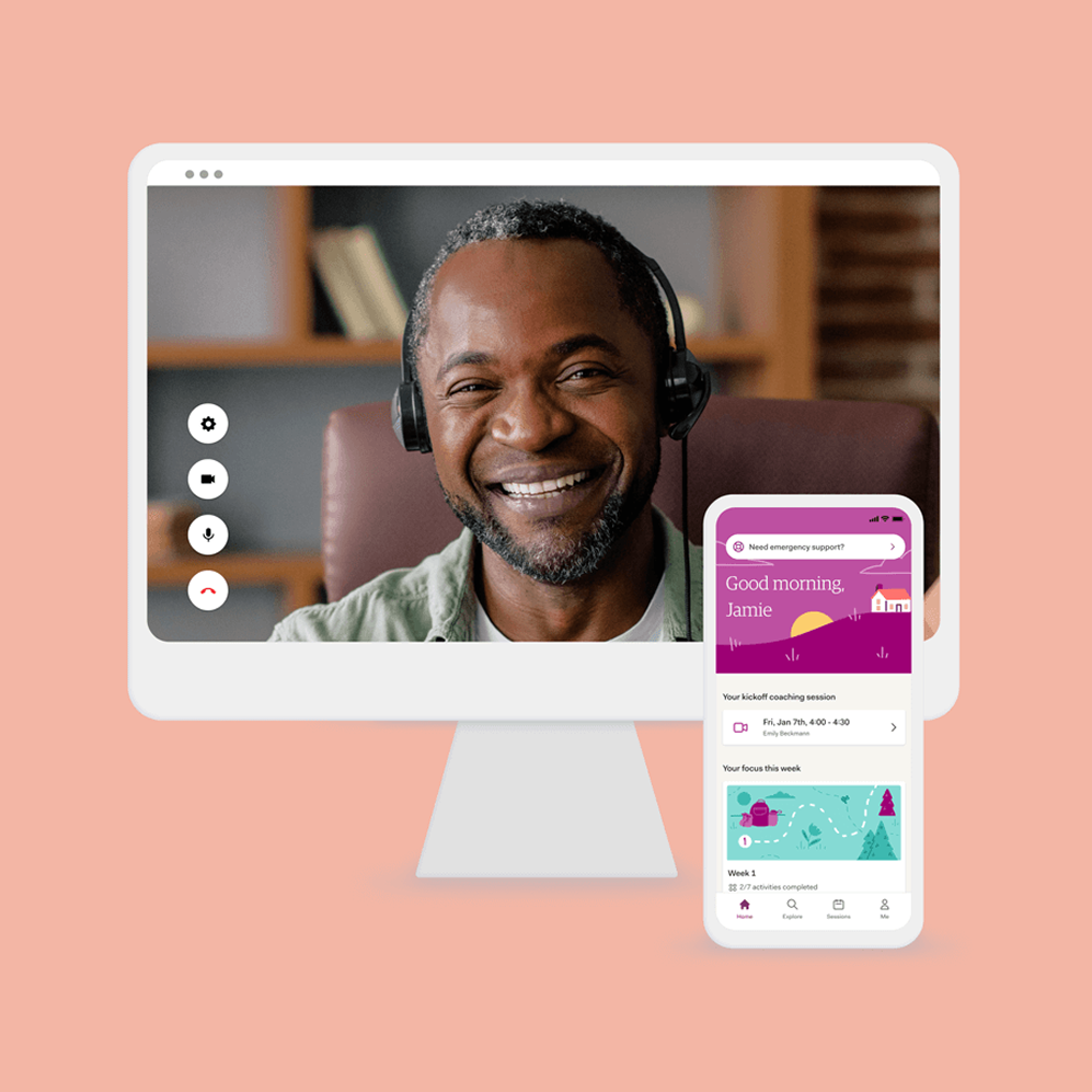 AbleTo mental health platform showing a smiling therapist in a video session and a mobile app interface with patient dashboard and upcoming coaching sessions