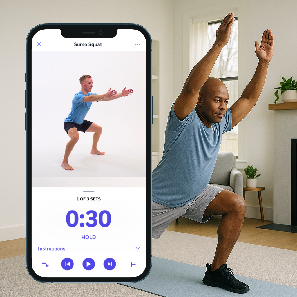 Livara Health mobile app showing Sumo Squat exercise with real-time coaching, featuring a split view of the app interface and a person performing the exercise at home