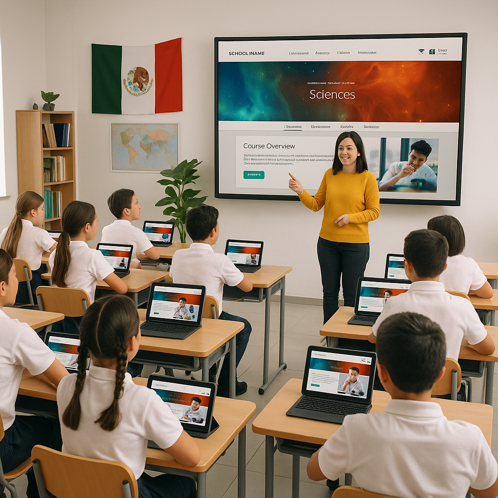 Pearson digital education platform in a Mexican classroom with teacher presenting a Sciences course on a large display while students follow along on individual laptops